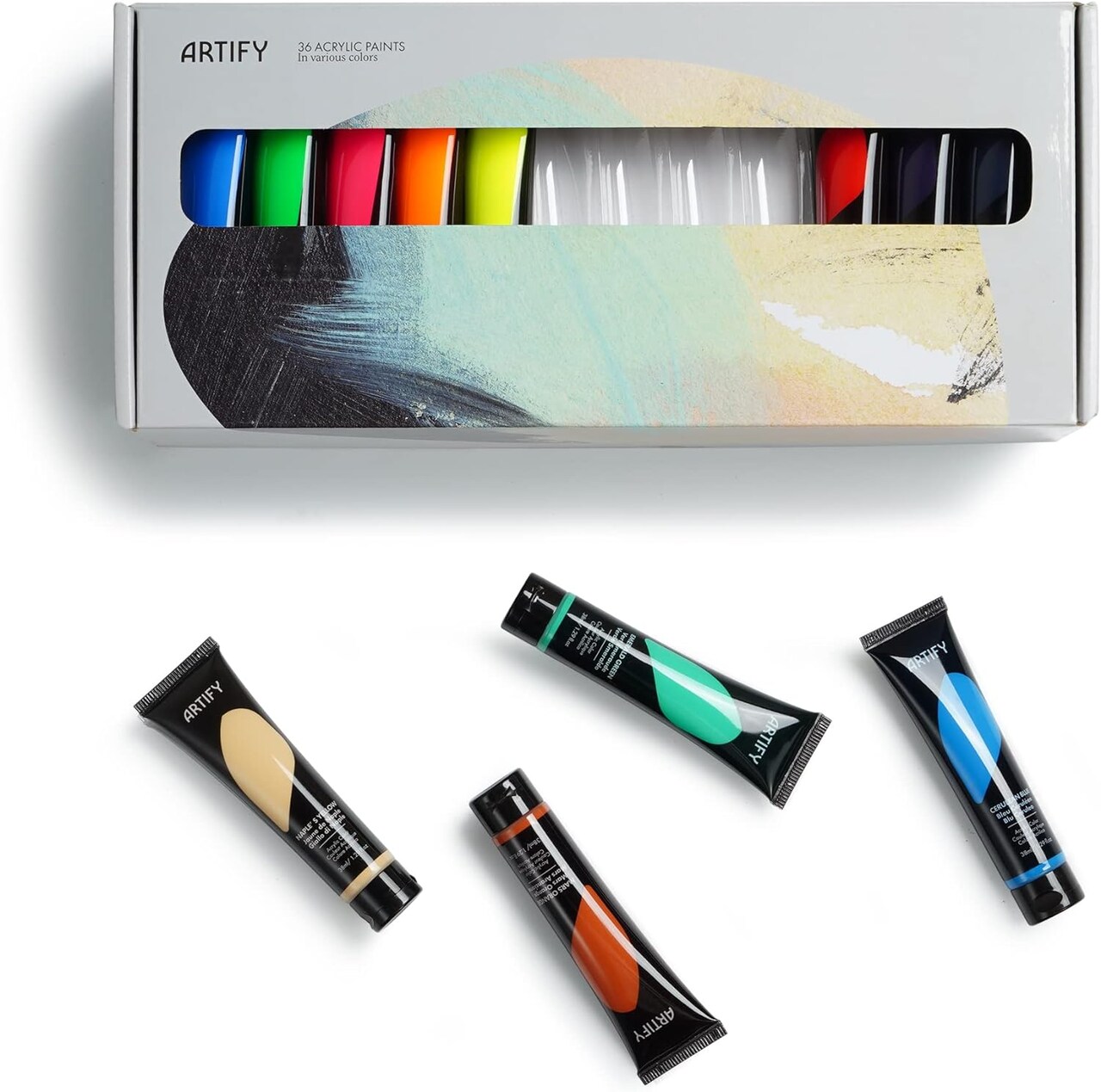 ARTIFY Acrylic Paint, Set Of 36 Color (1.29 oz, 38ml) with a storage box, Rich Pigments, Non Fading, Non Toxic Paints for Artist, Hobby Painters & Kids, Art Supplies for Canvas Painting